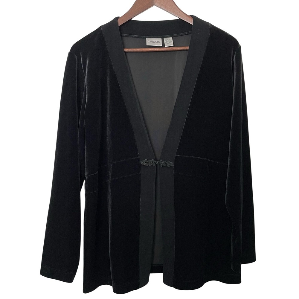 Chico's Size 2 L Black Velvet Cardigan Jacket Frog Clasp Holiday Dark Academia